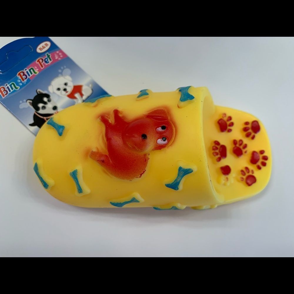 Pet- Squeaky Toy- Yellow Shoe w/ Red Dog Print
